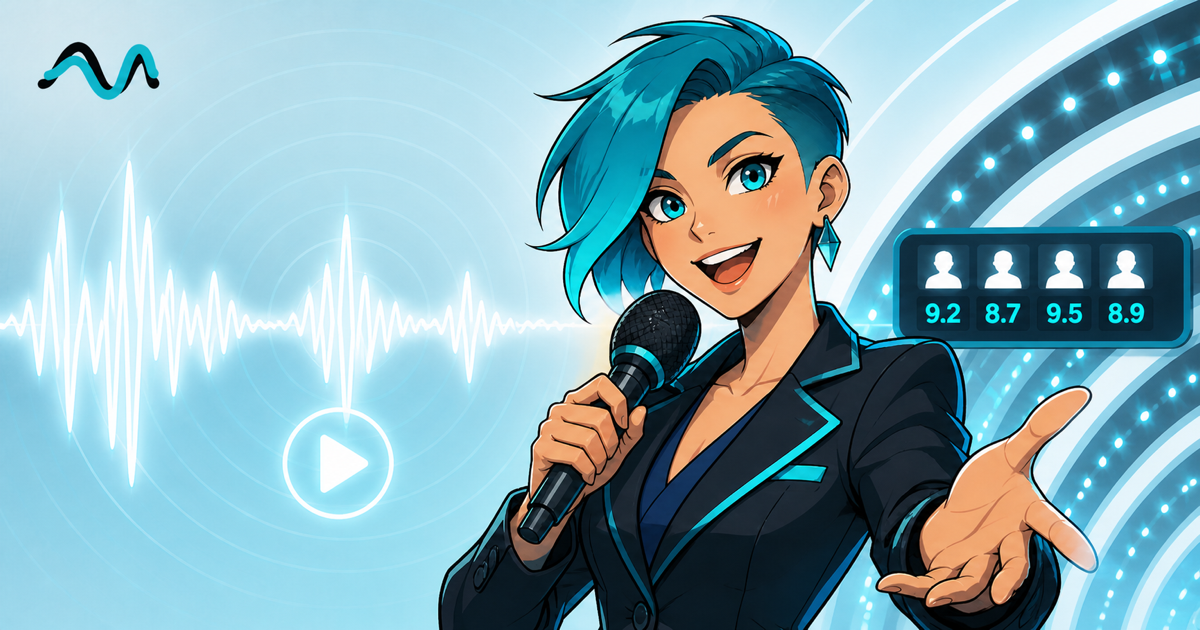 An illustrated voice-show host holding a microphone beside a waveform and five computer judge scores